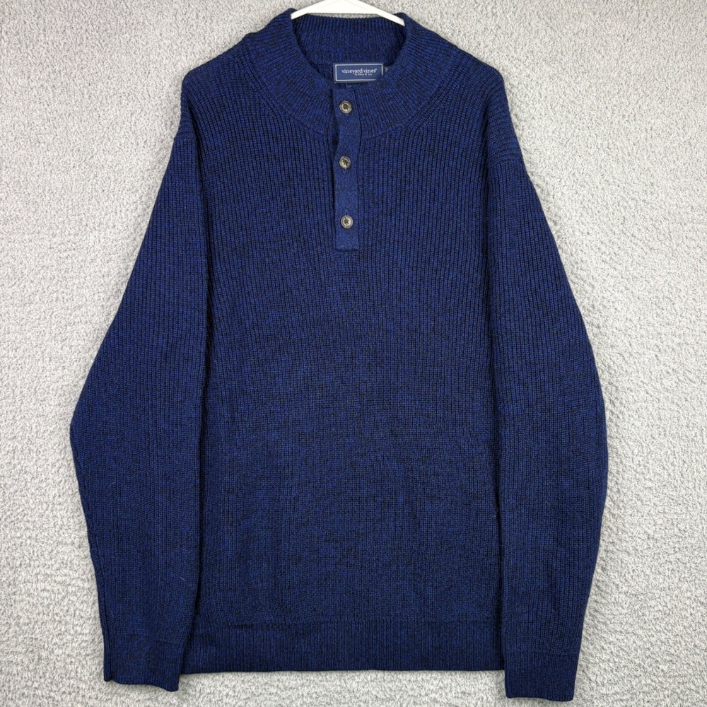 Vineyard Vines Sweater Mens XL Navy Merino Wool Henley Button Mock Neck Ribbed
